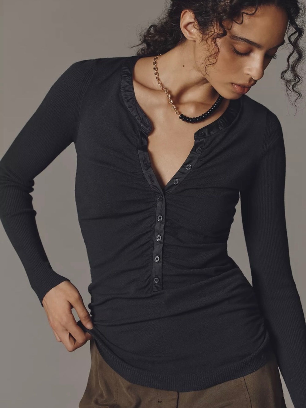 By Anthropologie Ruched Satin-Trim Henley Sweater